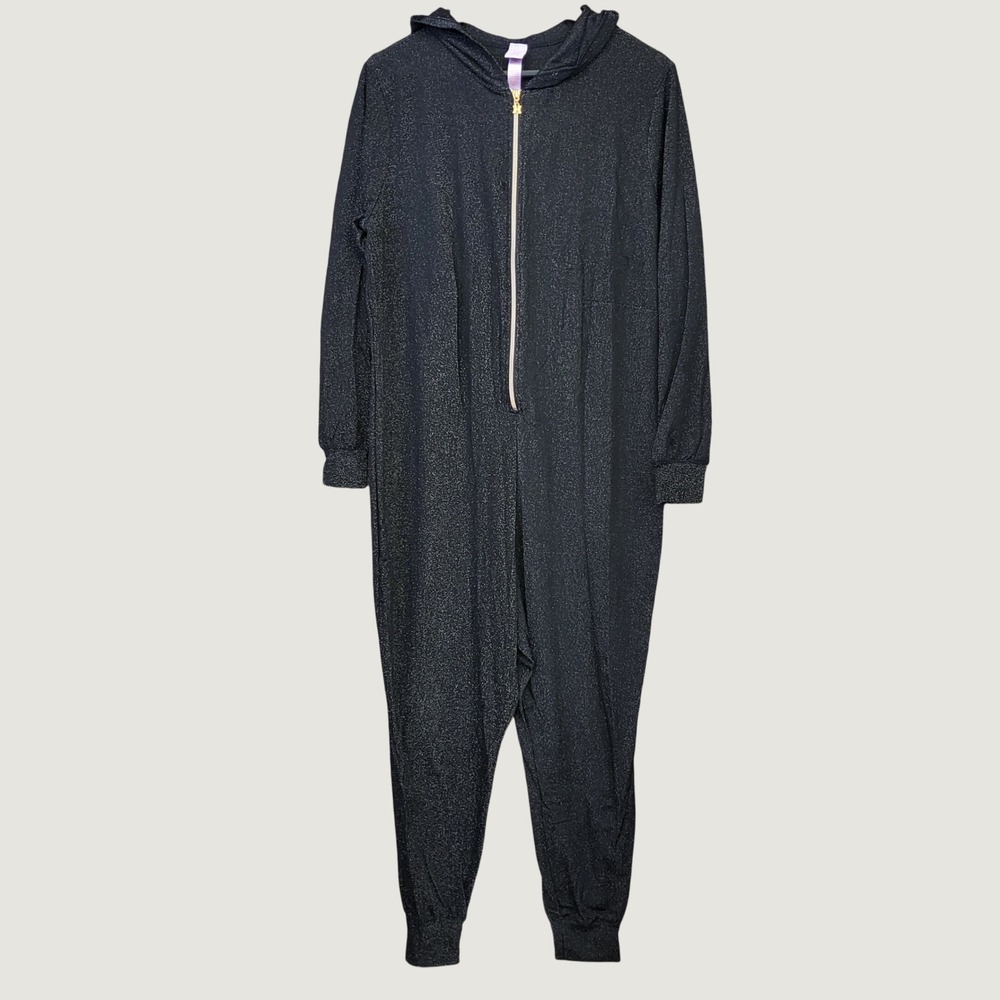 Savage X Fenty Hooded Jumpsuit Women 1X Black Silver Metallic Excellent Shimmer